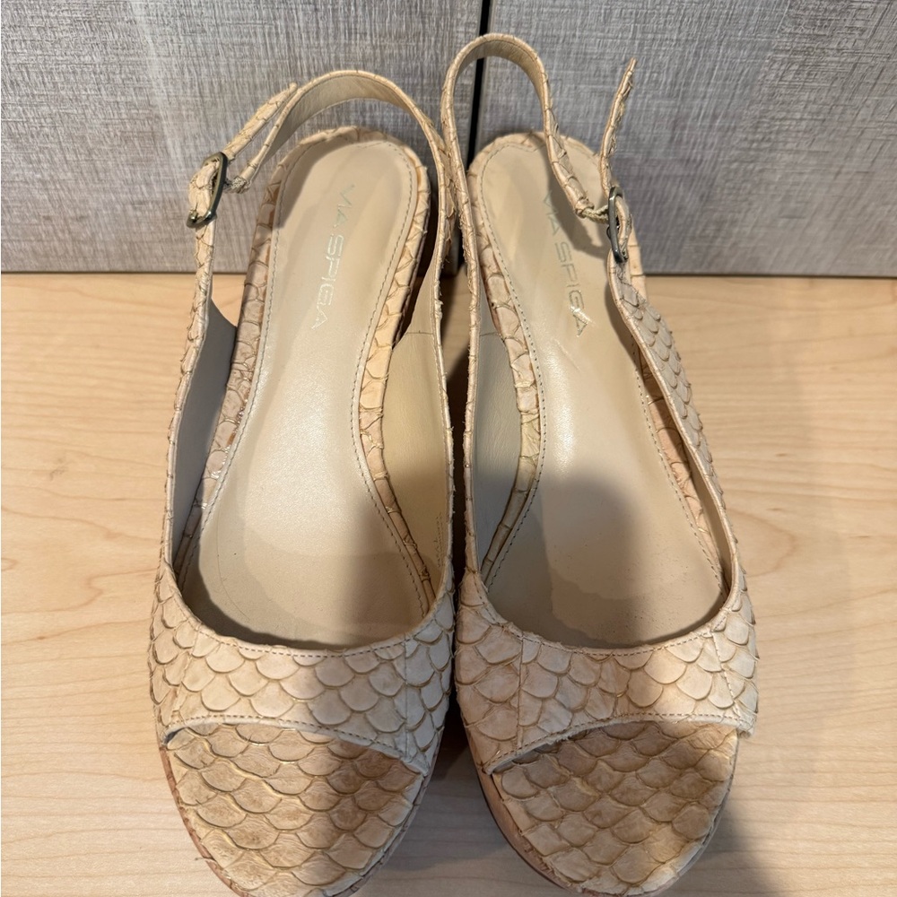 Via Spiga leather Women's Tan platform wedge Slingback Shoes 7.5